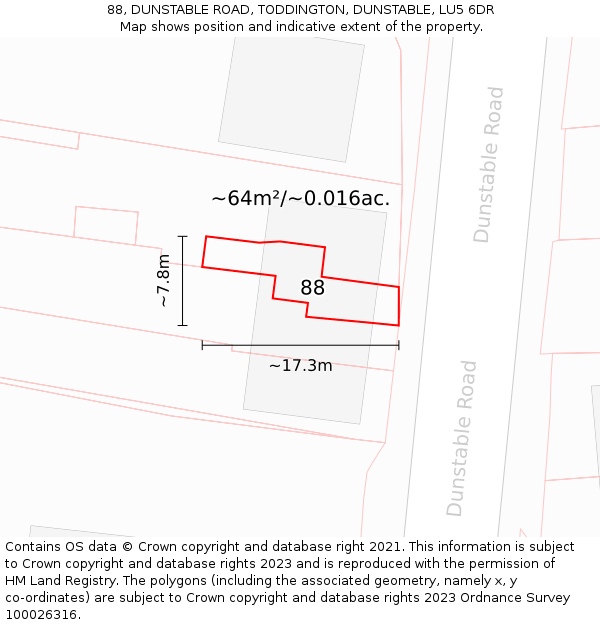 88, DUNSTABLE ROAD, TODDINGTON, DUNSTABLE, LU5 6DR: Plot and title map