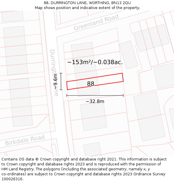 88, DURRINGTON LANE, WORTHING, BN13 2QU: Plot and title map