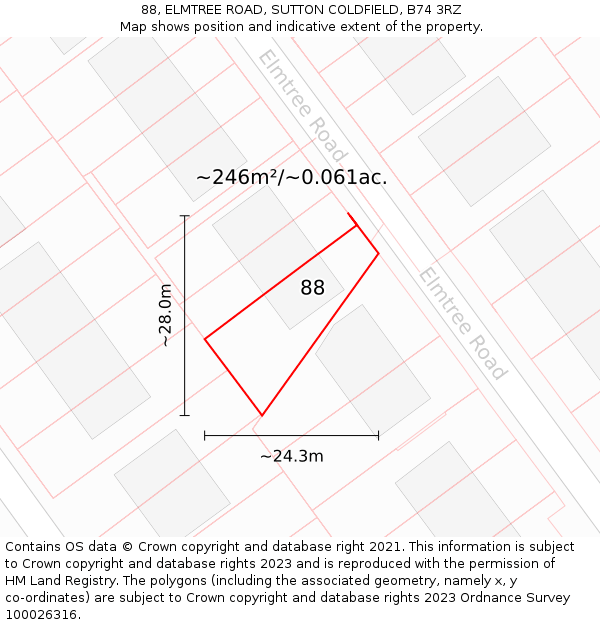88, ELMTREE ROAD, SUTTON COLDFIELD, B74 3RZ: Plot and title map