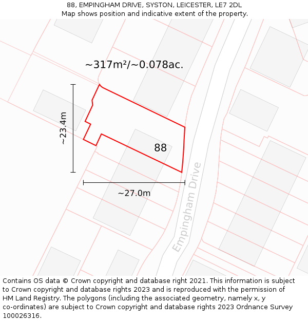 88, EMPINGHAM DRIVE, SYSTON, LEICESTER, LE7 2DL: Plot and title map