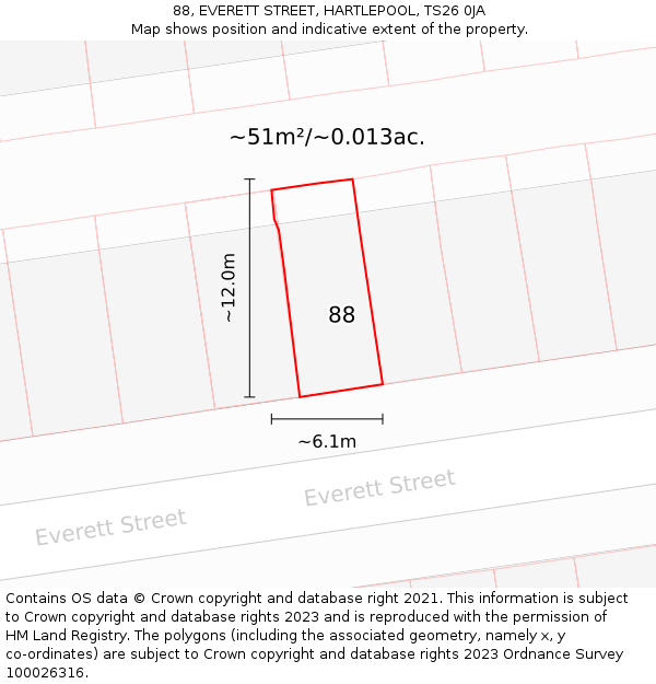 88, EVERETT STREET, HARTLEPOOL, TS26 0JA: Plot and title map