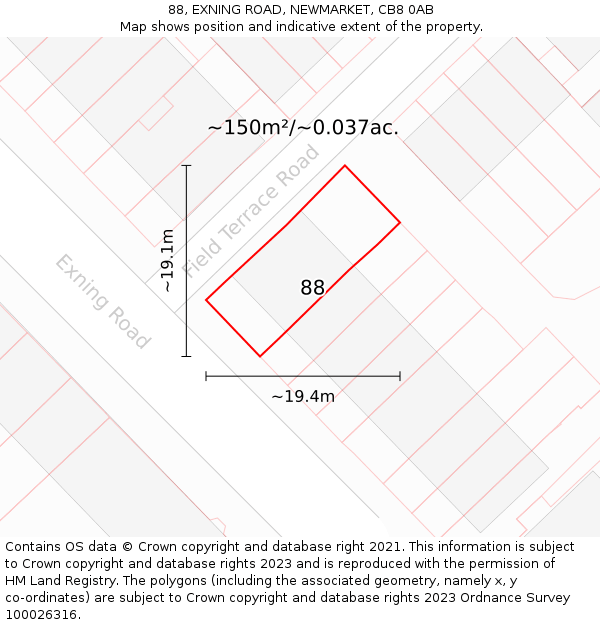 88, EXNING ROAD, NEWMARKET, CB8 0AB: Plot and title map