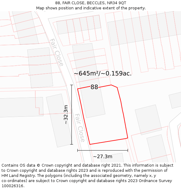 88, FAIR CLOSE, BECCLES, NR34 9QT: Plot and title map