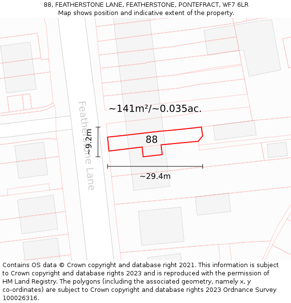 88, FEATHERSTONE LANE, FEATHERSTONE, PONTEFRACT, WF7 6LR: Plot and title map