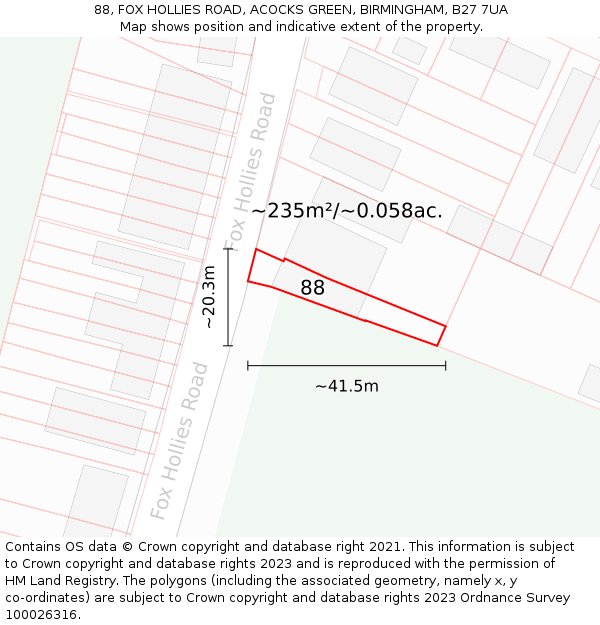 88, FOX HOLLIES ROAD, ACOCKS GREEN, BIRMINGHAM, B27 7UA: Plot and title map