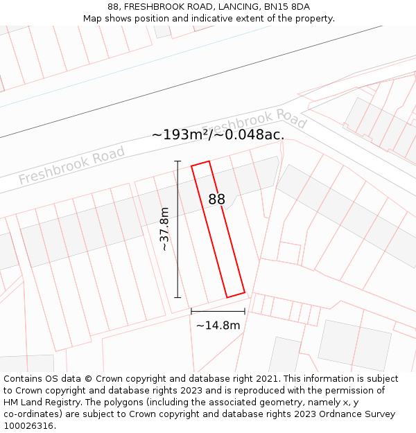 88, FRESHBROOK ROAD, LANCING, BN15 8DA: Plot and title map