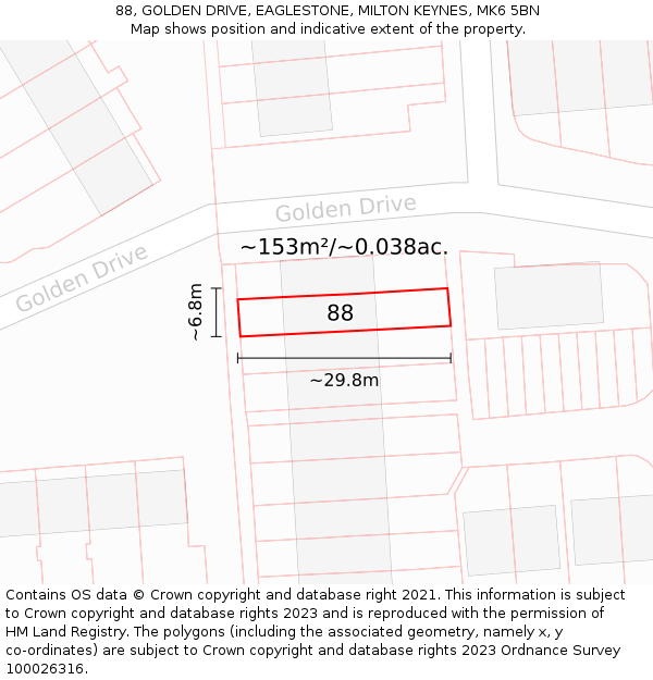 88, GOLDEN DRIVE, EAGLESTONE, MILTON KEYNES, MK6 5BN: Plot and title map