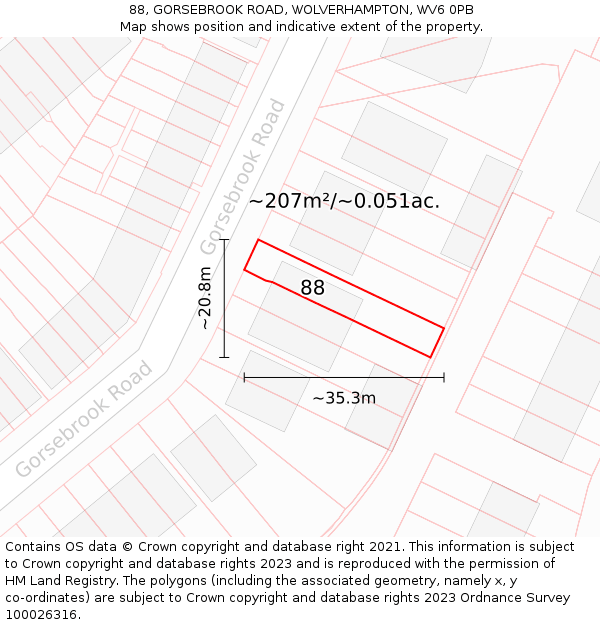 88, GORSEBROOK ROAD, WOLVERHAMPTON, WV6 0PB: Plot and title map