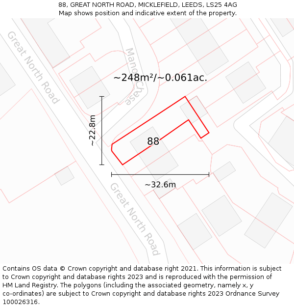 88, GREAT NORTH ROAD, MICKLEFIELD, LEEDS, LS25 4AG: Plot and title map