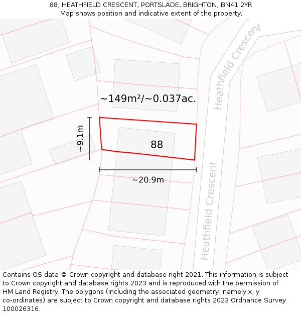 88, HEATHFIELD CRESCENT, PORTSLADE, BRIGHTON, BN41 2YR: Plot and title map