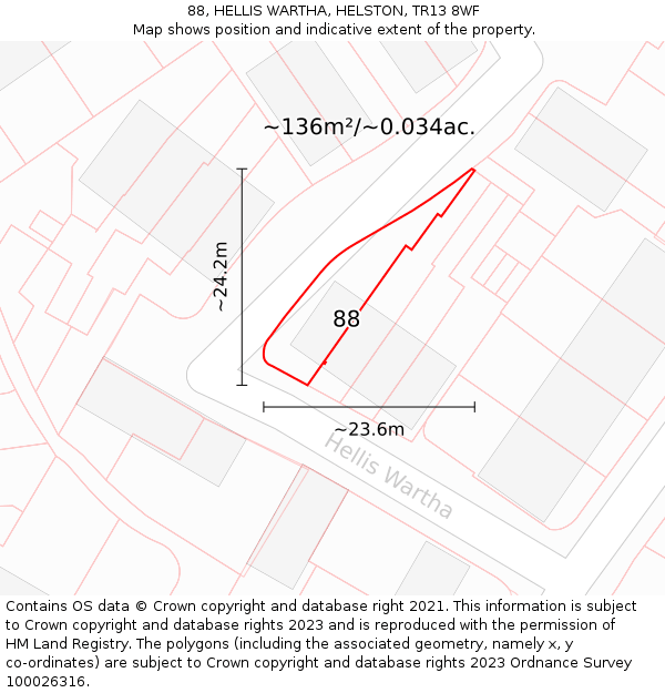 88, HELLIS WARTHA, HELSTON, TR13 8WF: Plot and title map