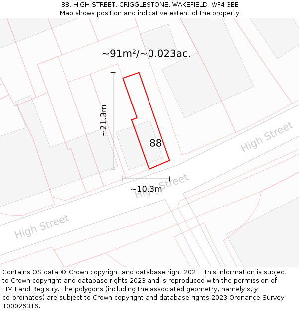 88, HIGH STREET, CRIGGLESTONE, WAKEFIELD, WF4 3EE: Plot and title map