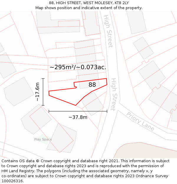 88, HIGH STREET, WEST MOLESEY, KT8 2LY: Plot and title map