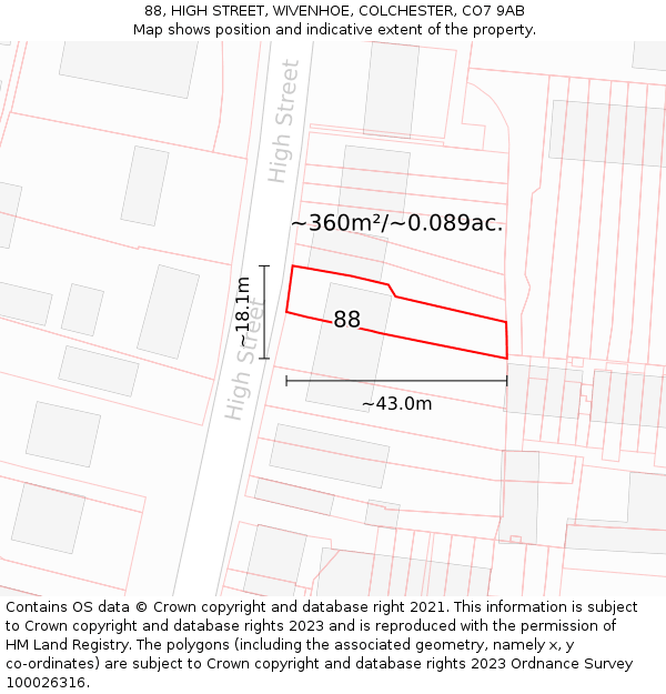 88, HIGH STREET, WIVENHOE, COLCHESTER, CO7 9AB: Plot and title map