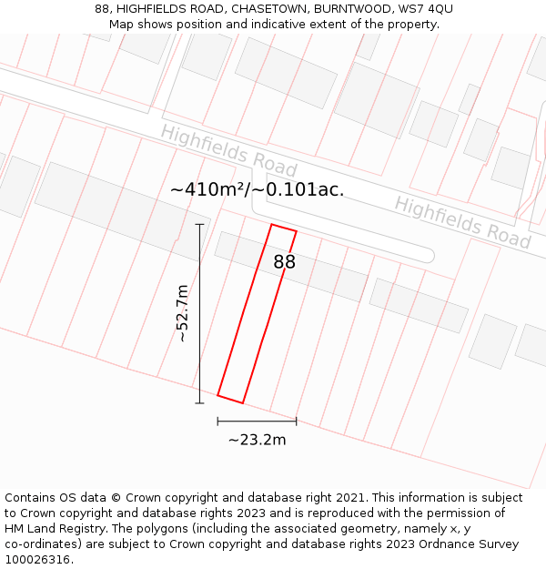 88, HIGHFIELDS ROAD, CHASETOWN, BURNTWOOD, WS7 4QU: Plot and title map