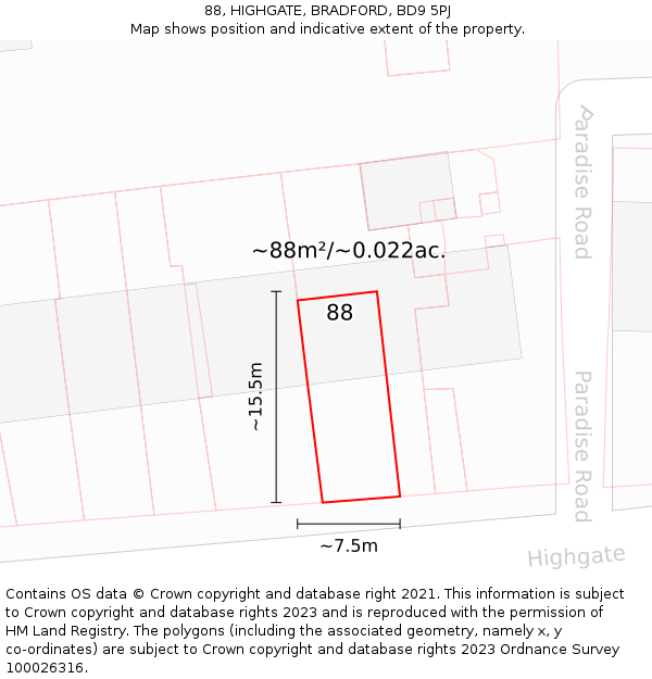 88, HIGHGATE, BRADFORD, BD9 5PJ: Plot and title map