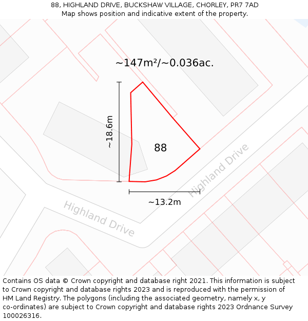 88, HIGHLAND DRIVE, BUCKSHAW VILLAGE, CHORLEY, PR7 7AD: Plot and title map