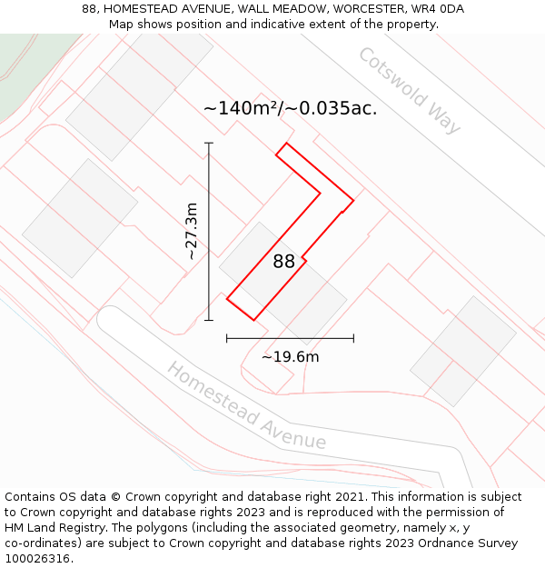 88, HOMESTEAD AVENUE, WALL MEADOW, WORCESTER, WR4 0DA: Plot and title map