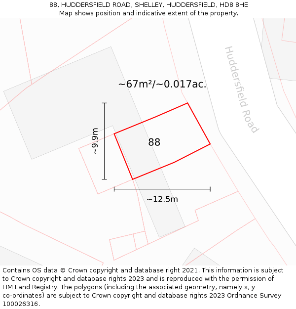 88, HUDDERSFIELD ROAD, SHELLEY, HUDDERSFIELD, HD8 8HE: Plot and title map