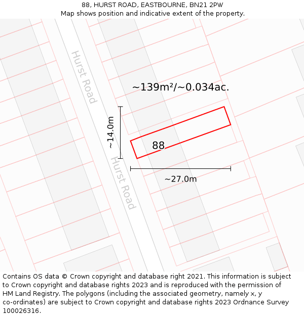 88, HURST ROAD, EASTBOURNE, BN21 2PW: Plot and title map