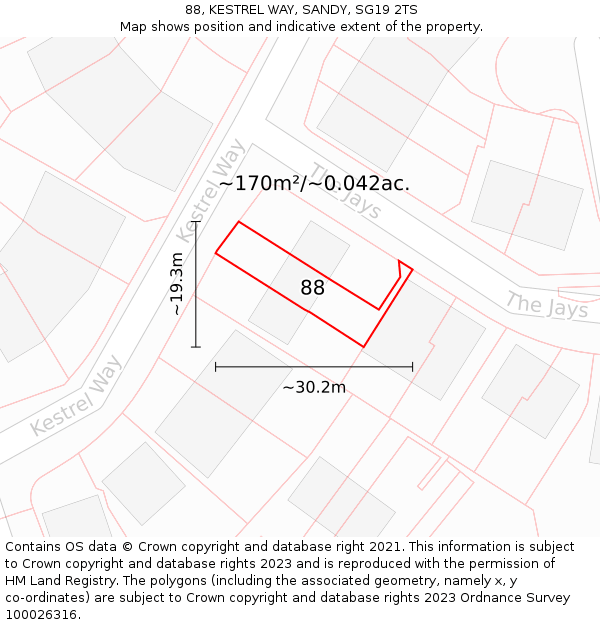 88, KESTREL WAY, SANDY, SG19 2TS: Plot and title map