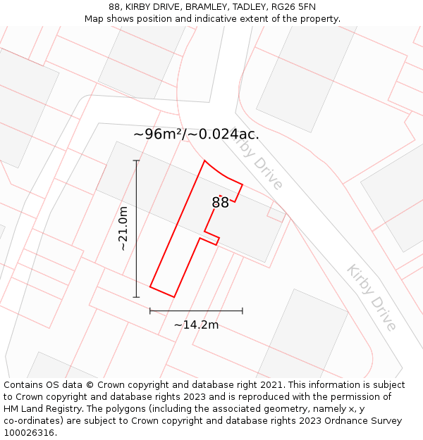 88, KIRBY DRIVE, BRAMLEY, TADLEY, RG26 5FN: Plot and title map