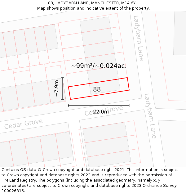 88, LADYBARN LANE, MANCHESTER, M14 6YU: Plot and title map
