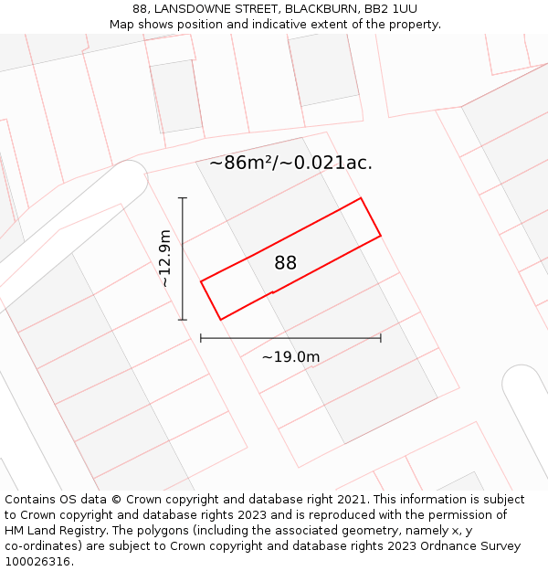 88, LANSDOWNE STREET, BLACKBURN, BB2 1UU: Plot and title map