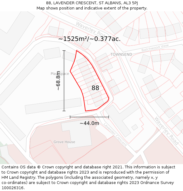 88, LAVENDER CRESCENT, ST ALBANS, AL3 5PJ: Plot and title map