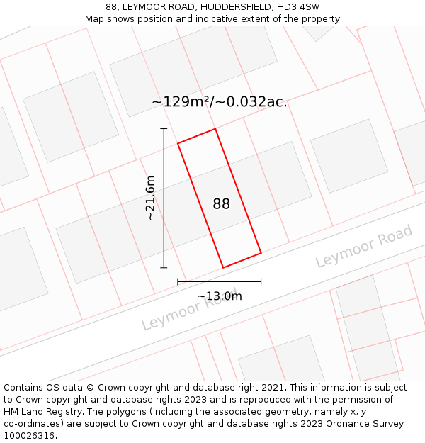 88, LEYMOOR ROAD, HUDDERSFIELD, HD3 4SW: Plot and title map