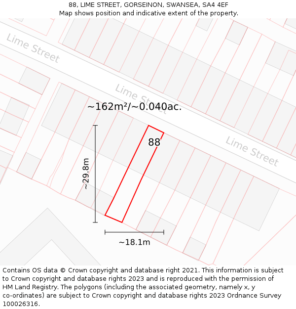 88, LIME STREET, GORSEINON, SWANSEA, SA4 4EF: Plot and title map