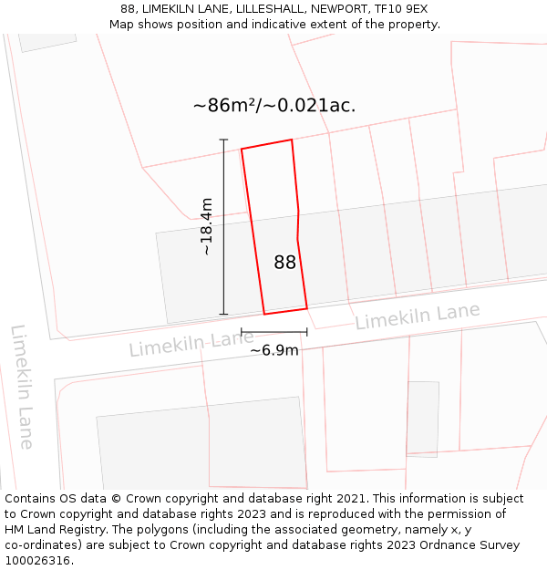 88, LIMEKILN LANE, LILLESHALL, NEWPORT, TF10 9EX: Plot and title map