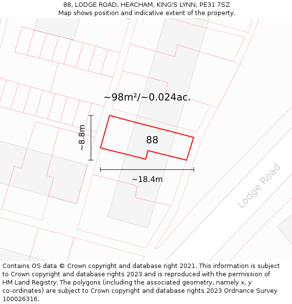 88, LODGE ROAD, HEACHAM, KING'S LYNN, PE31 7SZ: Plot and title map