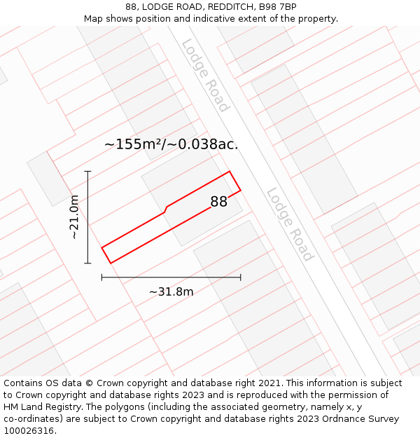 88, LODGE ROAD, REDDITCH, B98 7BP: Plot and title map