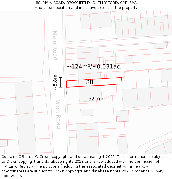 88, MAIN ROAD, BROOMFIELD, CHELMSFORD, CM1 7AA: Plot and title map