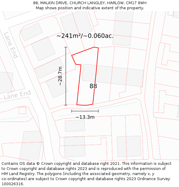 88, MALKIN DRIVE, CHURCH LANGLEY, HARLOW, CM17 9WH: Plot and title map