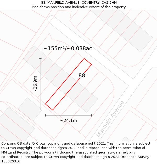 88, MANFIELD AVENUE, COVENTRY, CV2 2HN: Plot and title map