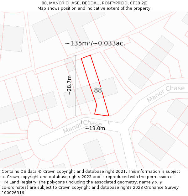 88, MANOR CHASE, BEDDAU, PONTYPRIDD, CF38 2JE: Plot and title map