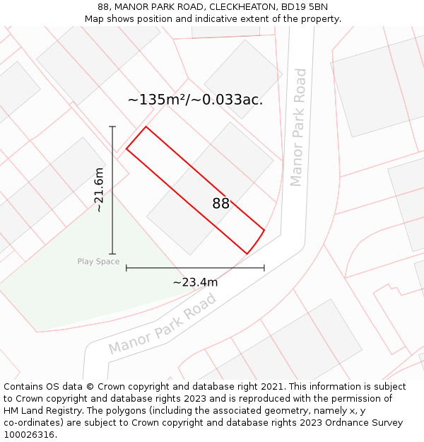 88, MANOR PARK ROAD, CLECKHEATON, BD19 5BN: Plot and title map