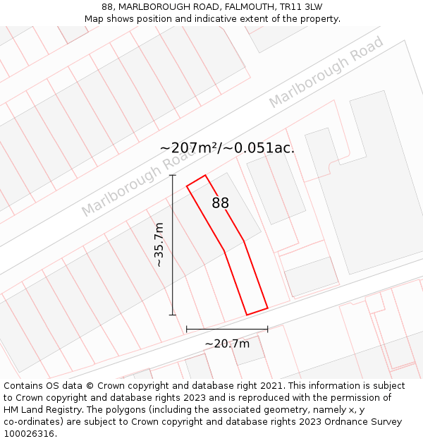 88, MARLBOROUGH ROAD, FALMOUTH, TR11 3LW: Plot and title map
