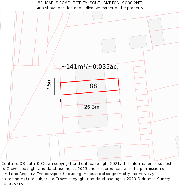 88, MARLS ROAD, BOTLEY, SOUTHAMPTON, SO30 2NZ: Plot and title map