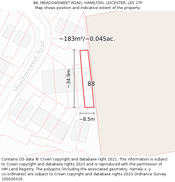 88, MEADOWSWEET ROAD, HAMILTON, LEICESTER, LE5 1TP: Plot and title map