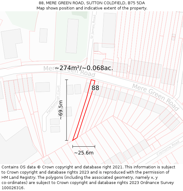 88, MERE GREEN ROAD, SUTTON COLDFIELD, B75 5DA: Plot and title map