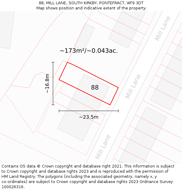 88, MILL LANE, SOUTH KIRKBY, PONTEFRACT, WF9 3DT: Plot and title map