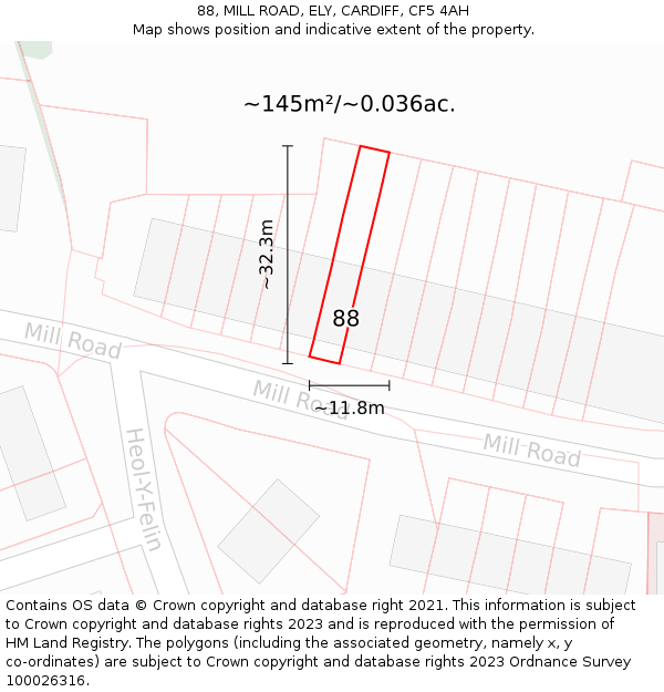 88, MILL ROAD, ELY, CARDIFF, CF5 4AH: Plot and title map