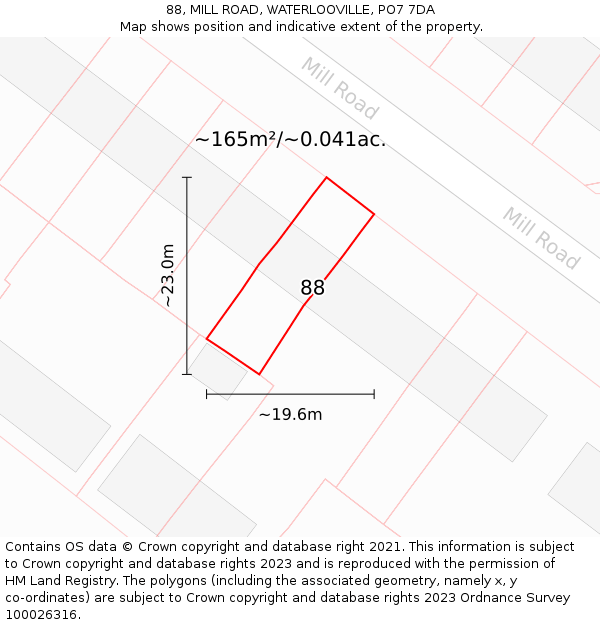 88, MILL ROAD, WATERLOOVILLE, PO7 7DA: Plot and title map