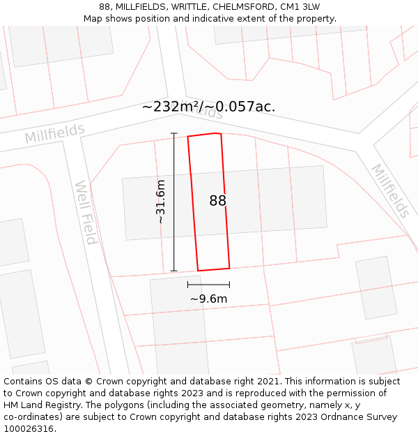 88, MILLFIELDS, WRITTLE, CHELMSFORD, CM1 3LW: Plot and title map