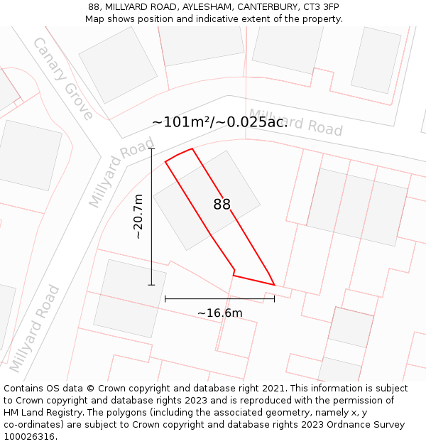 88, MILLYARD ROAD, AYLESHAM, CANTERBURY, CT3 3FP: Plot and title map