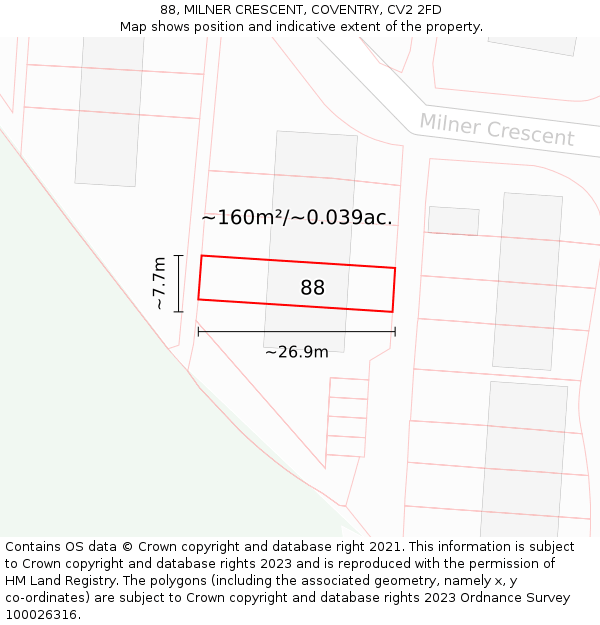 88, MILNER CRESCENT, COVENTRY, CV2 2FD: Plot and title map