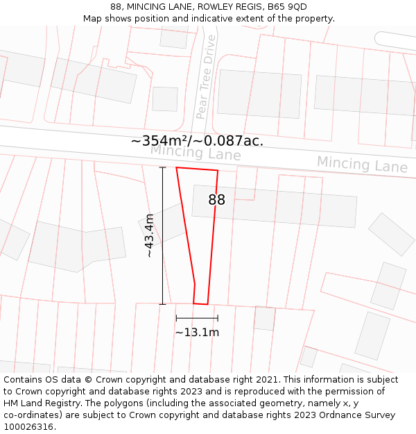 88, MINCING LANE, ROWLEY REGIS, B65 9QD: Plot and title map